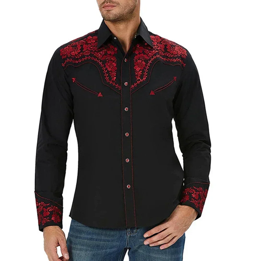 Men Spring Tops Western Vintage Printed Long Sleeve Shirts Casual Loose Slim Button Down Dress Shirt Blouse Tops Mens Clothes