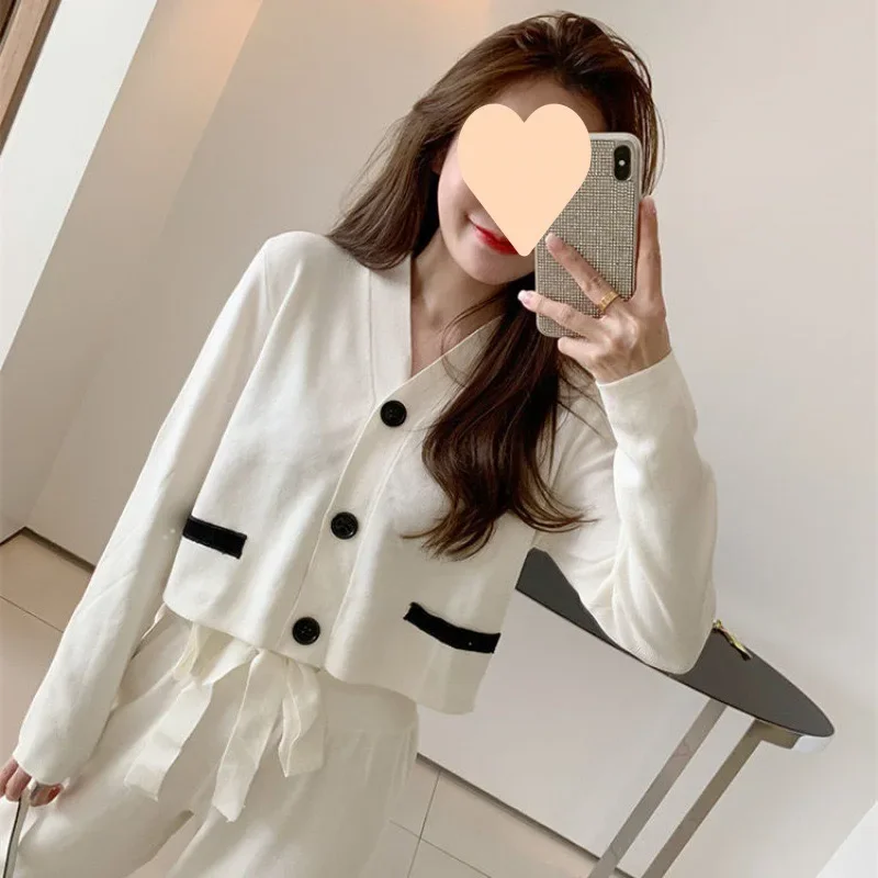 Elegante gestrickte Damen-Sets, 2-teilig, hohe Taille, weites Bein, knöchellang, Hosenanzug, Korea, V-Ausschnitt, Strickjacke, Mäntel, Tops, Outfit