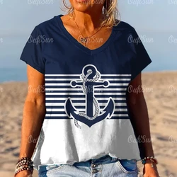 Camiseta con estampado de ancla de barco para mujer, camisetas de manga corta con cuello en V, Tops, Pullover, Camiseta holgada informal para mujer, ropa Y2k