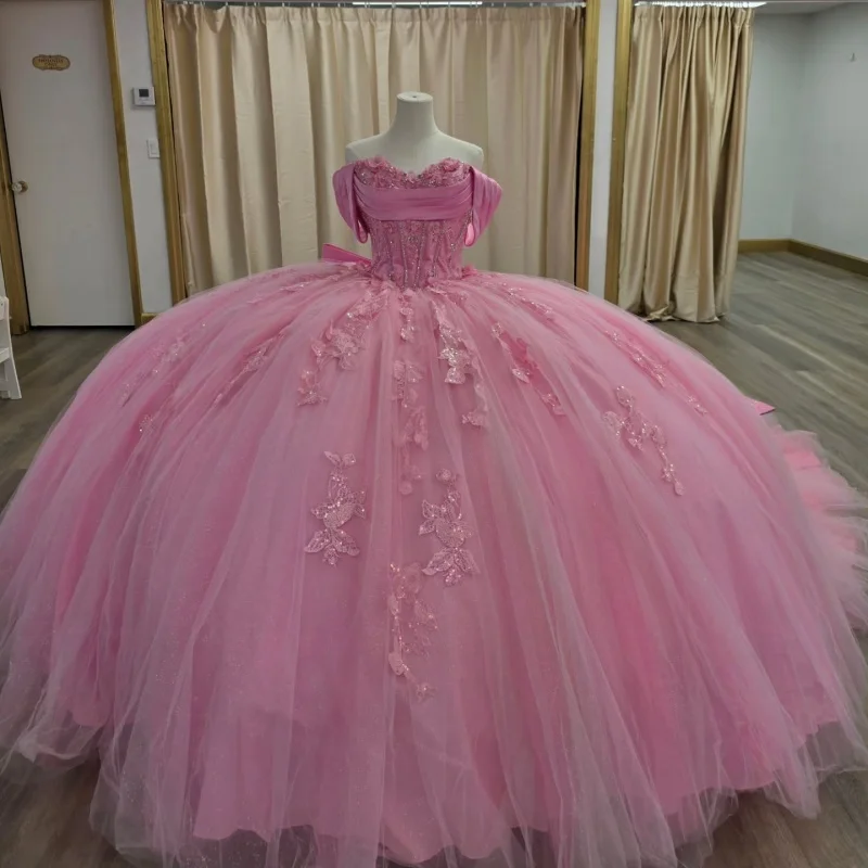 

Customized Shiny Pink Quinceanera Dresses Off the Shoulder sequin applique Lace Long tail Big Bow Vestido 15 Quinceanera