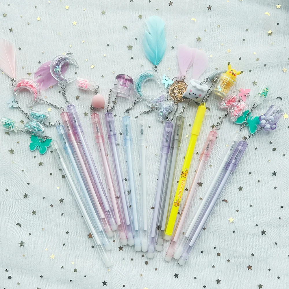 Stylo gel à paillettes Kawaii pour filles, stylo pendentif mignon, fournitures scolaires, stylos à breloques pour filles, accessoires de papeterie coréens, 4 pièces