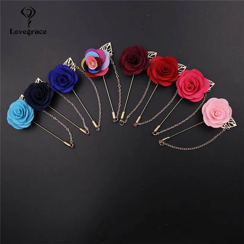 Bridegroom Wedding Brooches Corsage Cloth Hand-made Camellia Flower Brooch Lapel Pin Badge Tassel Chain Men's Suit Accessories