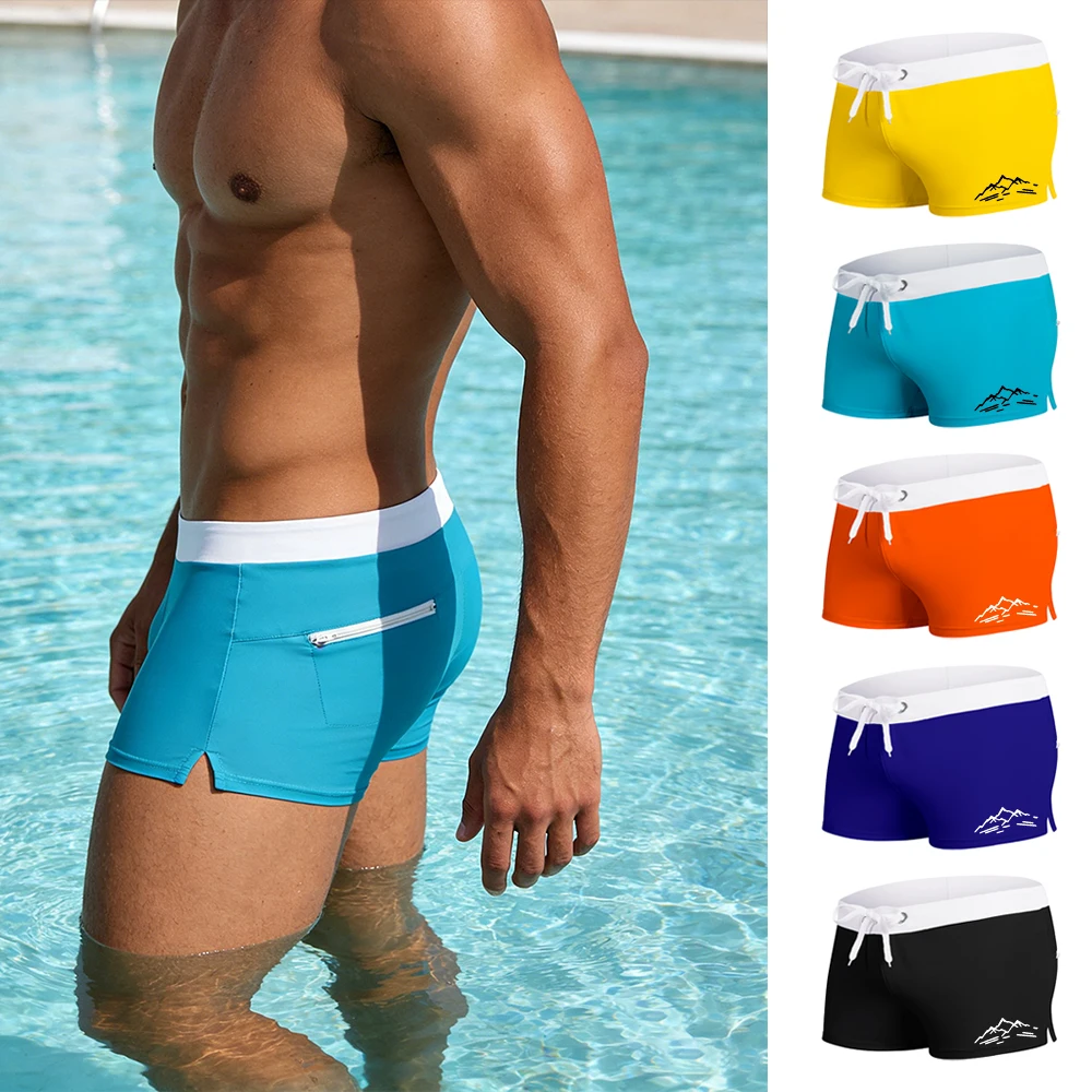 

Stylish Color Blocked Casual Printed Swim Trunks Quick Drying And Breathable With Drawstring Waistband And Zipper Pocket Shorts