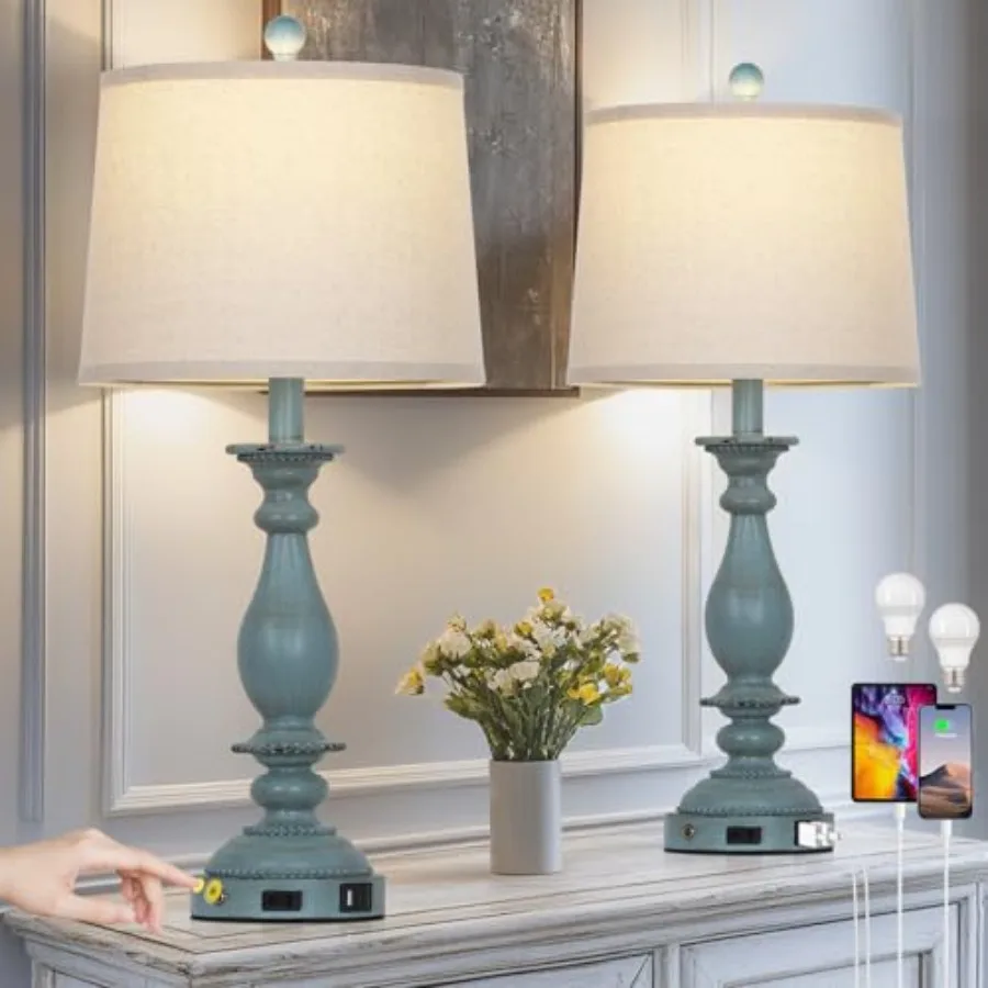 

28" Tall Coastal Table Lamps for Living Room Set of 2, Farmhouse Rustic Bedside Touch Lamp with USB C+A Ports and Outlet, 3-Way