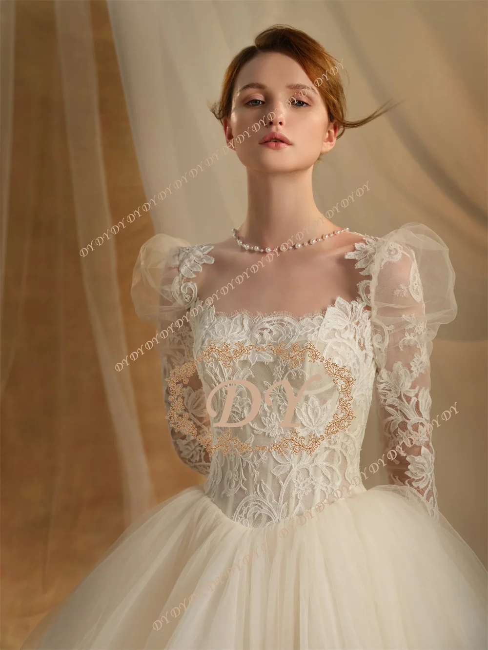 DY Square Collar Women Wedding Dresses Shining Long Sleeves Bride Gowns Mopping Length Party Princess Customized