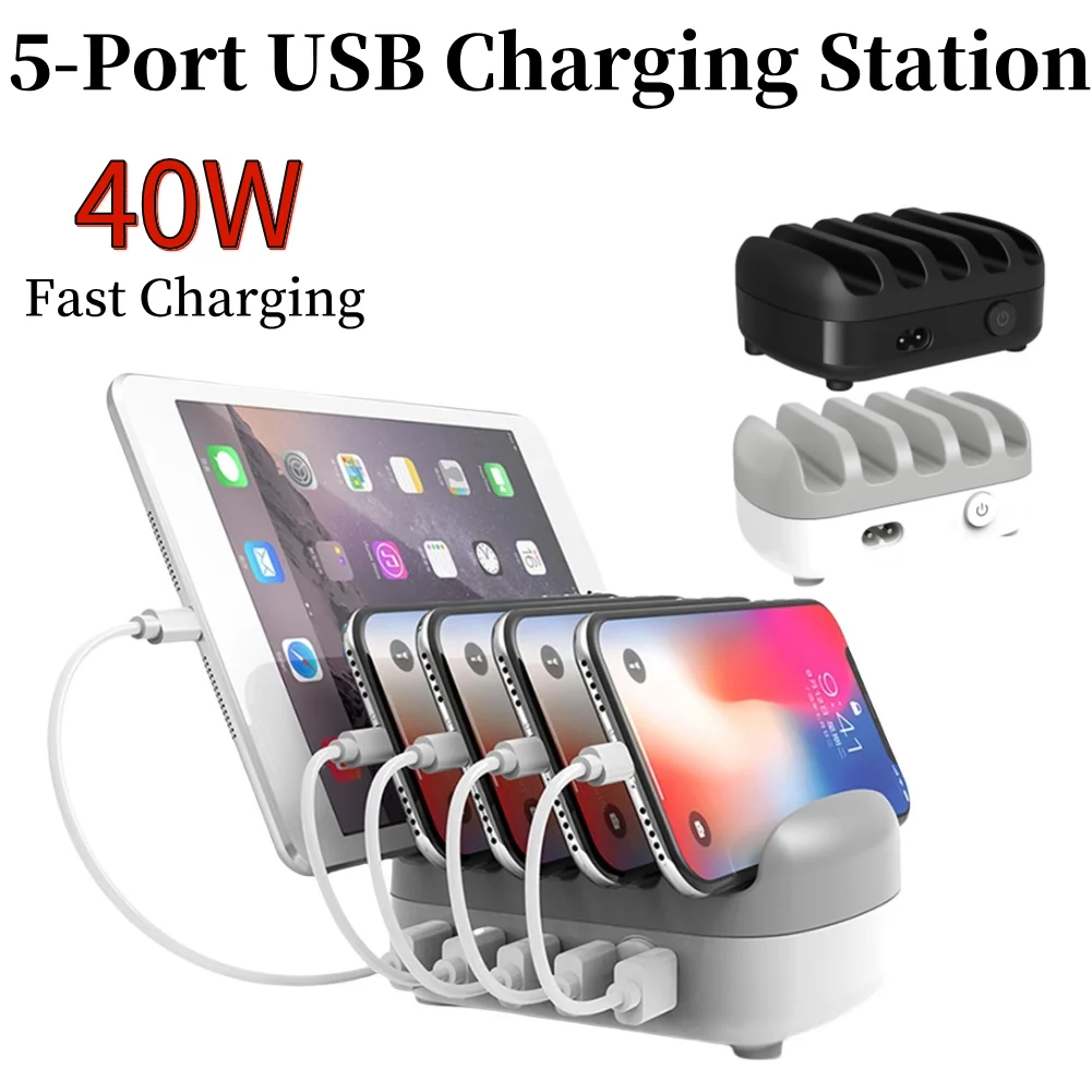 5-Port USB Charging Station for Multiple Devices Fast Charging Dock Station Charge Docking Station for Android iPhone Apple iPad