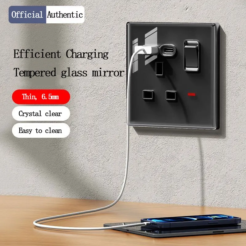 Universal USB Socket 86/146 2A Dual Port Charger with Switch Control Crystal Glass Panel Type-C 20W Fast Charging Power Socket
