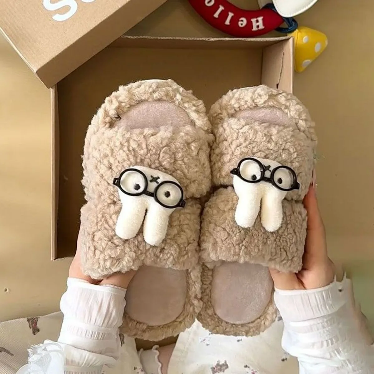 Cartoon Miffy Rabbit with Glasses Plush Women Slippers Autumn and Winter Dew Toe Thick Bottom Anti Slip Indoor Outdoor Home Shoe view 3