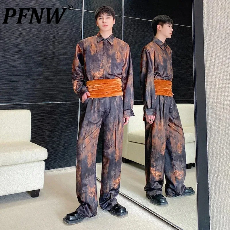 

PFNW Spring New Chinese Style Men's Three-piece Set Jacquard Tie Dyed Long Sleeve Shirt Wide Leg Pants Velvet Corset 2024 9C5134