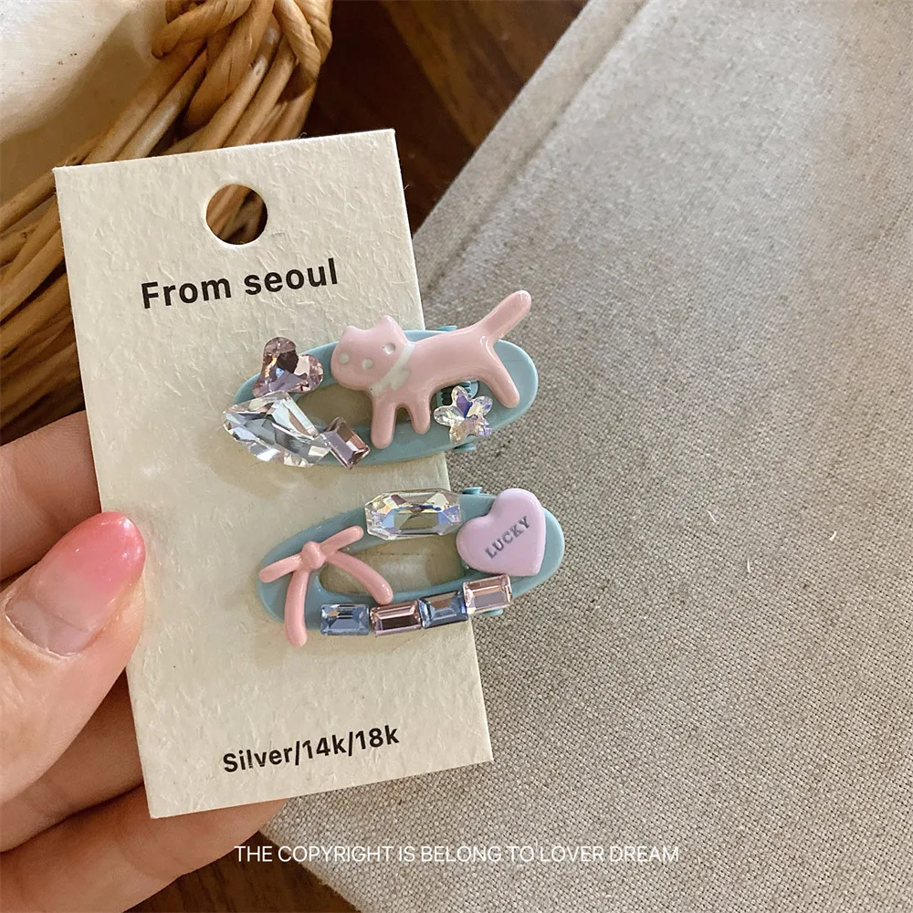 

Sweet Cute Colorful Cat Heart Bow Snap Hair Clips Korean Ins Style Alloy Side Bangs Barrettes Daily Fashion Accessories
