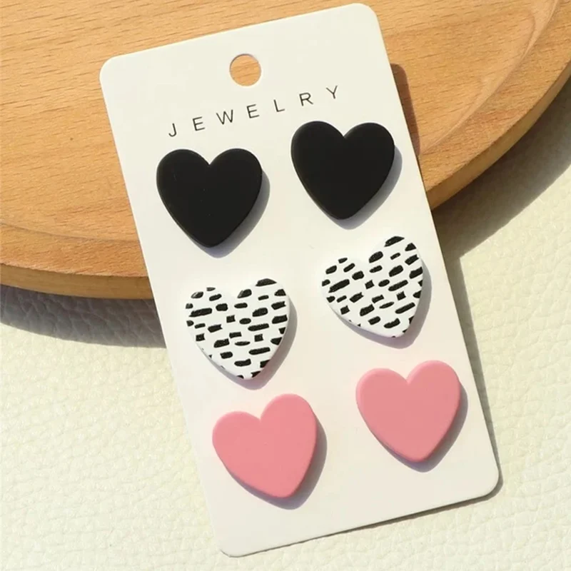 3 Pair Heart Shape Dot Print Women Earrings Trio Pink Black Red Color Heart Lovely Cute Girls Earring Set Sweet Gift Jewelry Set