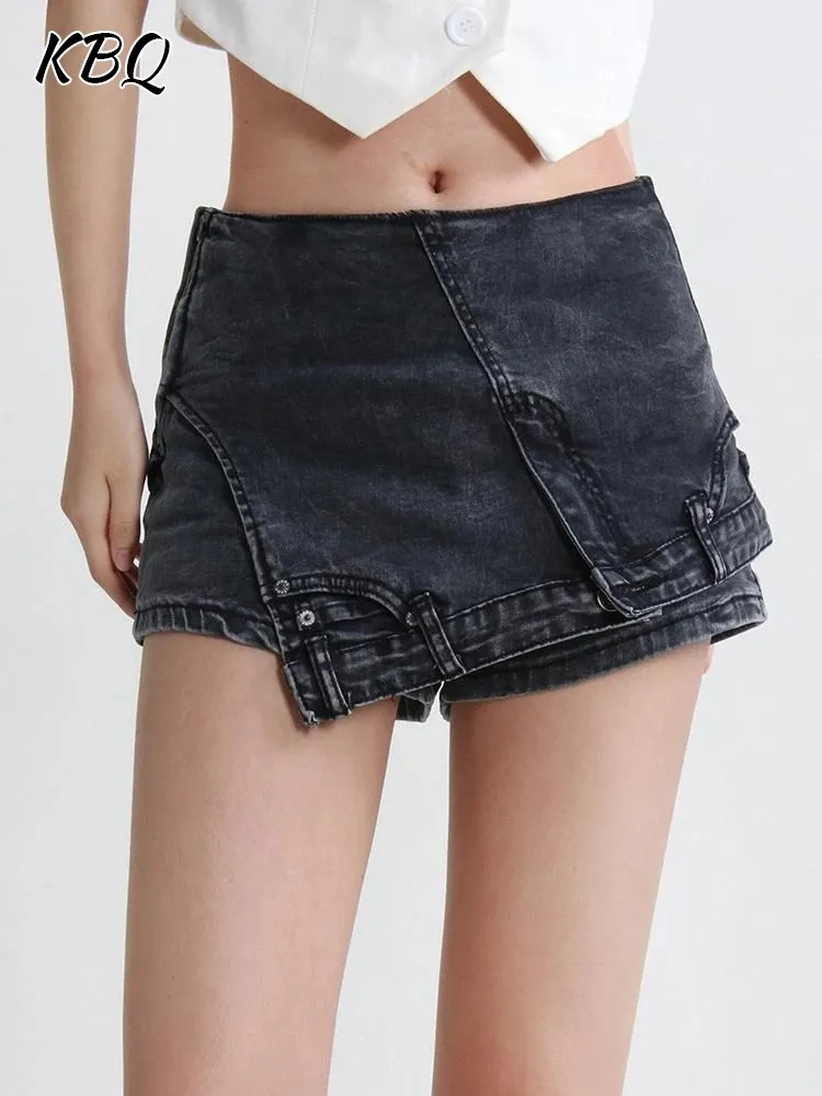 KBQ Patchwork Irregular Hem Asymmetrical Short Skirts For Women High Waist Solid Minimalist Denim Shorts Female Fashion Clothing