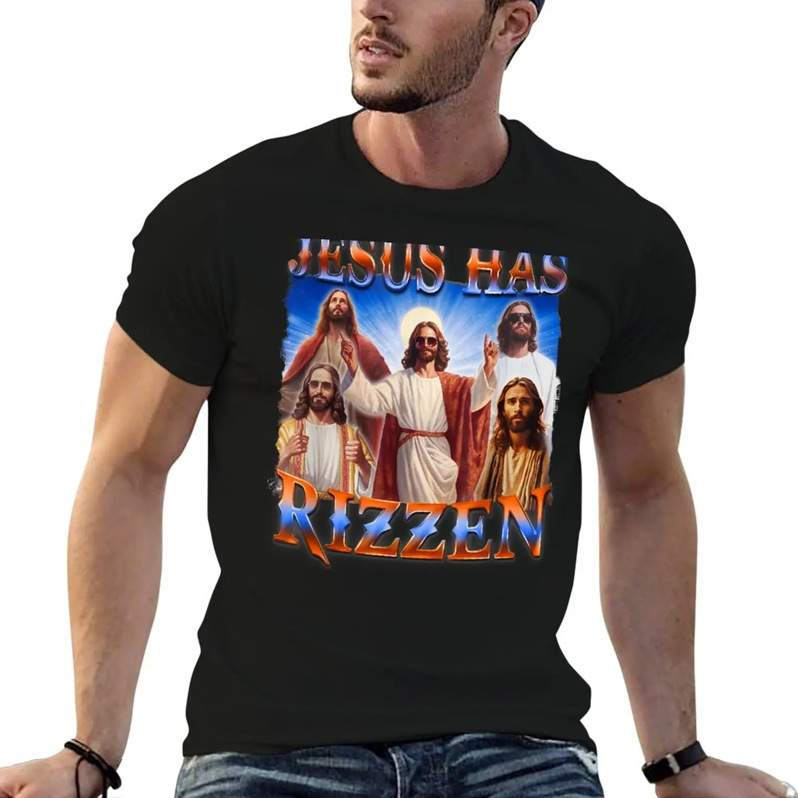 

shirts t Has T-Shirt back Rizzen funny Is man t man on designer shirt - Rizz Jesus He Rizzen Jesus