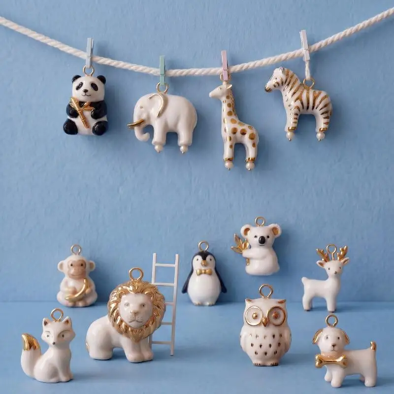 【IIOO】New Painted Lion Elephant Raccoon Animal Charms Pendants Color Preserved Gold Plated Copper DIY Jewelry Making Accessories