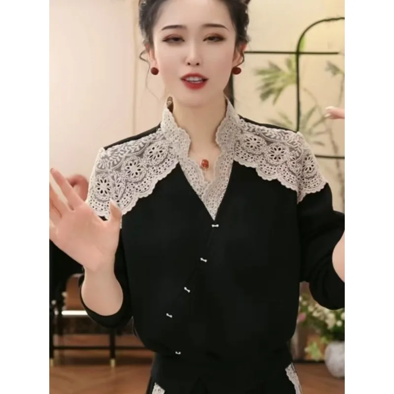 الفرنسية المتخصصة النمط الغربي الدانتيل الربط قطري زر نصف الياقة المفتوحة قميص طويل الأكمام للنساء 2025 الخريف قمة جديدة #1