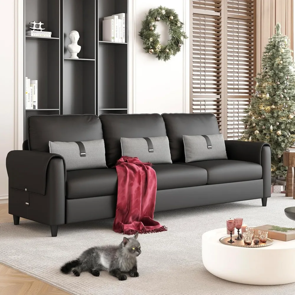 

88” Faux Leather Couch for Living Room, Black Office Couch Small Space, Comfy 3 Seater Couches Leather Sofa with High Ba