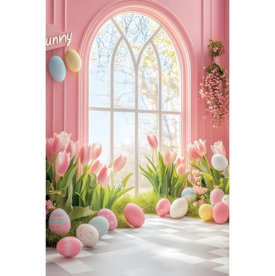 

Easter Bunny Backdrop Indoor Spring Rabbit Pastel Eggs Pink Blossoms Kids Birthday Parties Photo Background Photo Booth Props