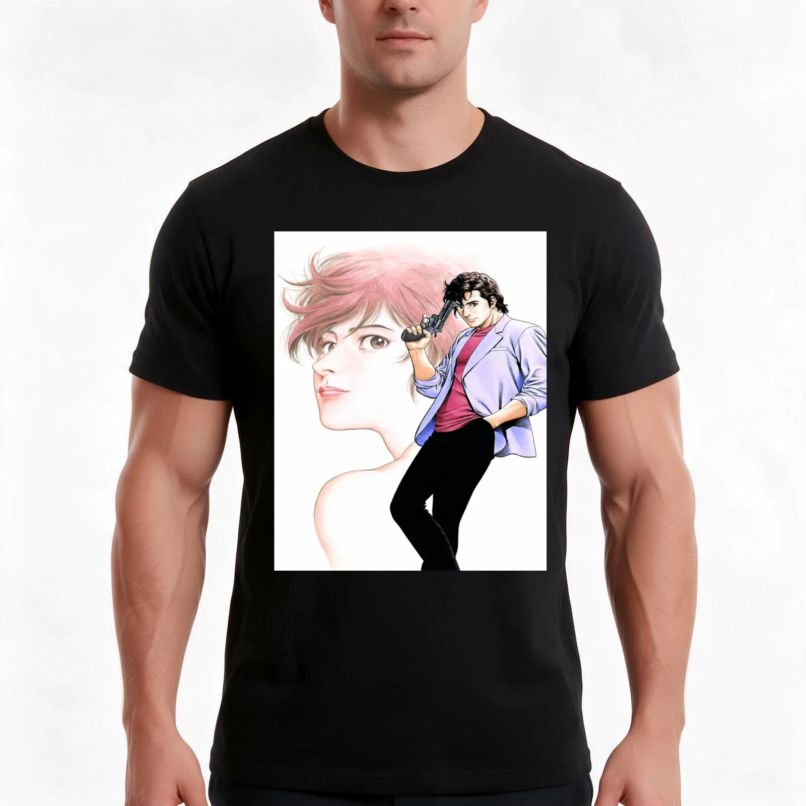 City Hunter (Nicky Larson) - Ryo Saeba & Kaori T-Shirt, Summer Casual Cotton Tee, Oversized Streetwear Tops, Unisex Men Women