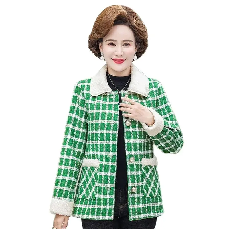 

Autumn Winter Jackets For Middle-Aged And Elderly Women's Clothing Plush Warm Casual hort Lattice Coat Female Outerwear