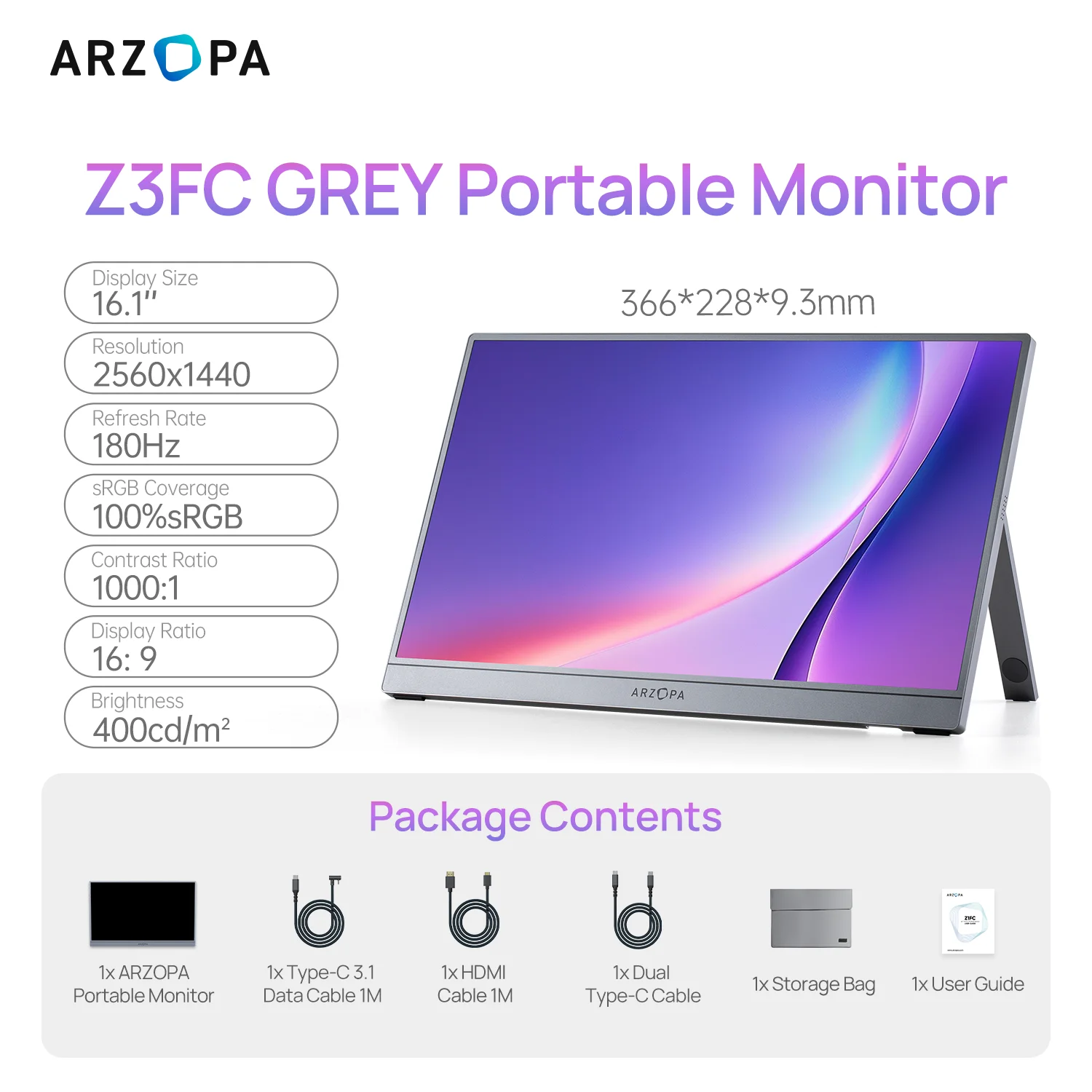 ARZOPA 16,1'' 180Hz 2,5K draagbare monitor, 2560x1440 QHD 107% SRGB, extern tweede scherm voor laptop, pc, PS5, Mac, Xbox-Z3FC