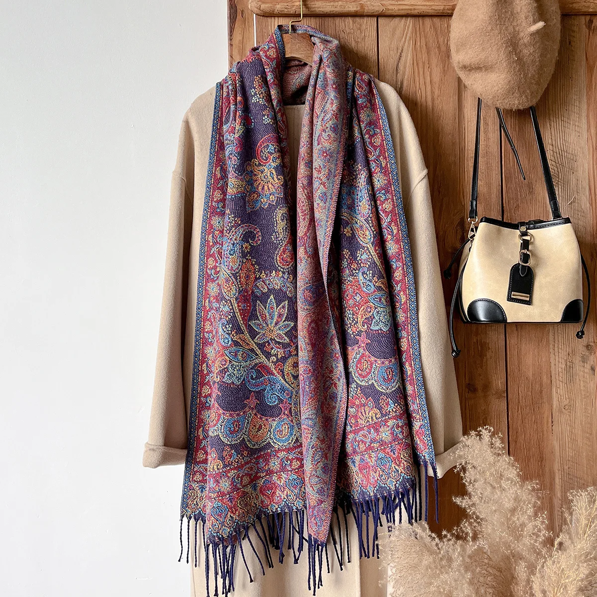 

Brand Fashion Winter Cashmere Shawl for Women - Tasseled Vintage Floral Printed Oil Painting Style Pashmina Thick Scarf & Poncho