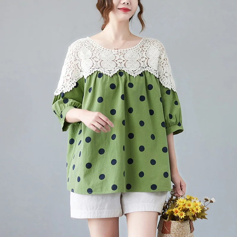

Sweet Lace Splice Polka Dot irt ort Sve Doll Top Trendy Summer New Arrival Women's plus Size Clothing Korean Sle Bub...