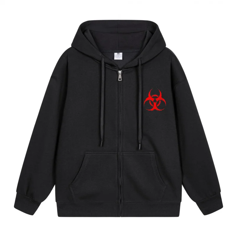 

Men's Zip-Up Hoodie Red Biohazard Symbol On Chest 2025 New Style Casual Couples’ Style Couples’ Style