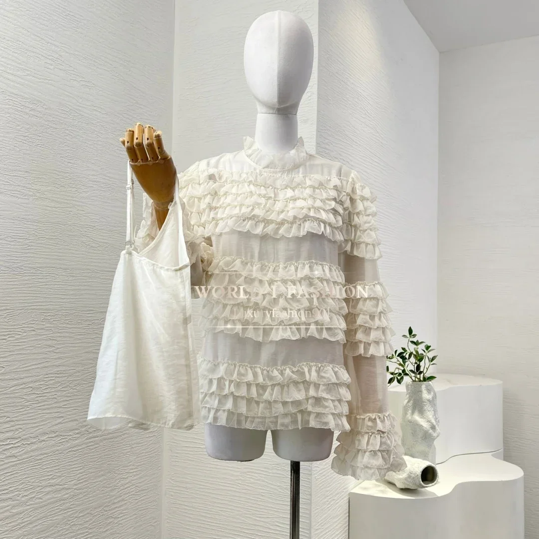 

Long Sleeve Pleat Wood Ear Blouse Tops 2025 New Beautiful White Apricot