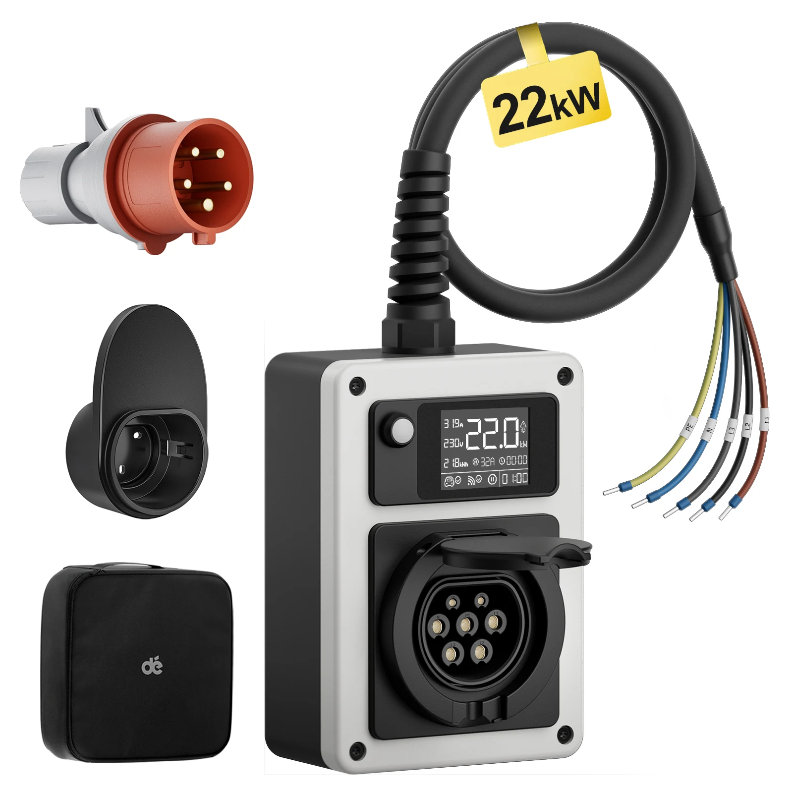 dé Mobiler Wallbox 22 kW mit APP-Steckdose mit offenem Ende auf Typ-2, 32 A, Anschluss des Ladegeräts für Elektrofahrzeuge, Anschluss an den Verteilerkasten