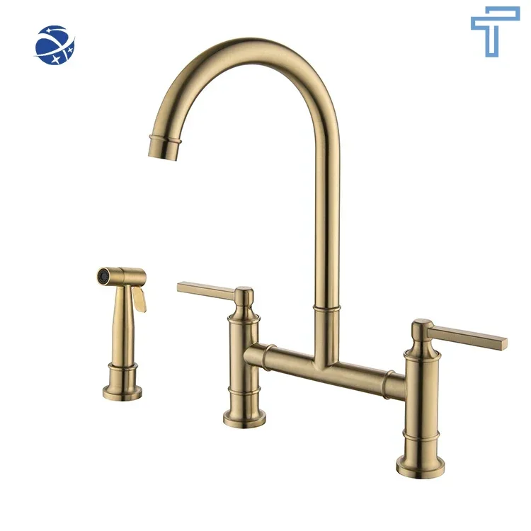 Original brand newgold brushed brass tapware 2 handle kitchen faucet with sprayer bridge kitchen faucet hot and cold 3 mode sink