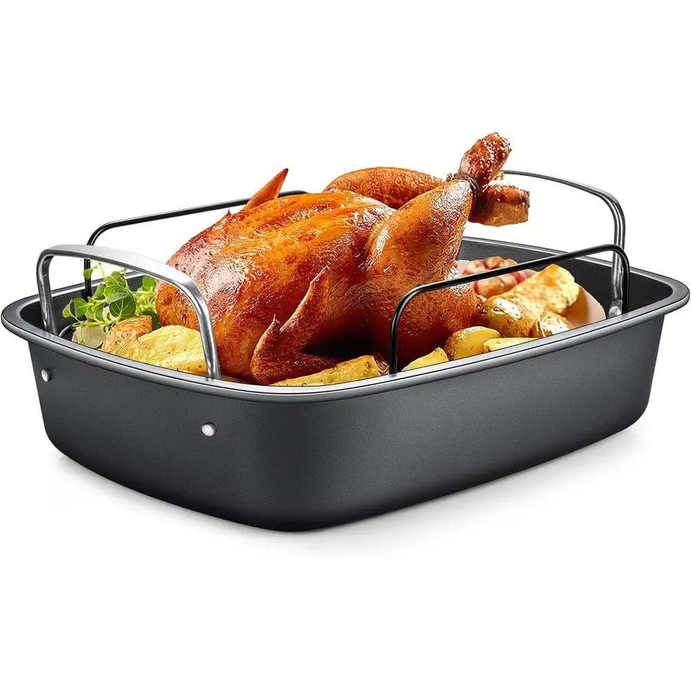 

Nonstick Turkey Roasting Pan with Rack - 17×13 Inch Extra Large Roaster Pan, Deep Turkey Tray or Oven, U-Shaped Rack, Wider Hand