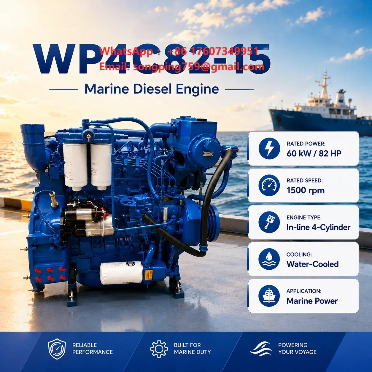SCDC Weichai WP4 Series WP4C82-15 Marine Diesel Small Engine 1500rpm 4 Cylinder for Inland River Cargo Boat and Fishing Boat