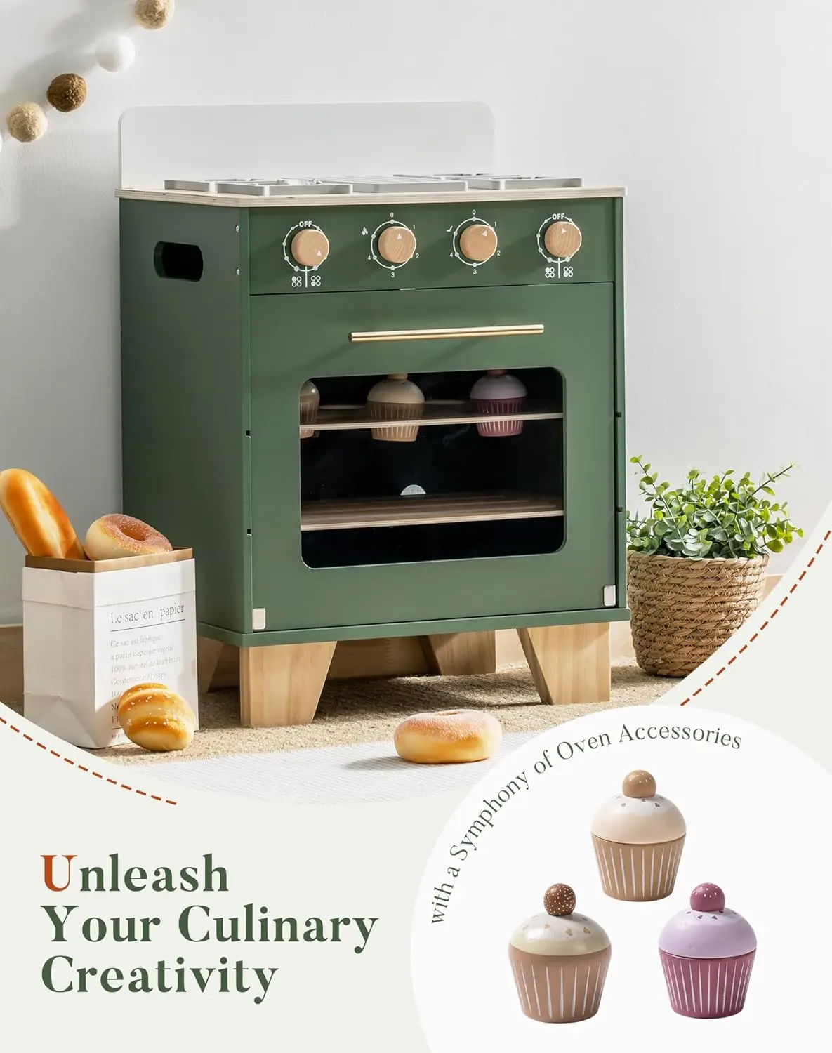 Robotime Robud Juego de cocina con horno de juguete de madera, verde vintage, con comida para juego, juego de cocina con horno para niños y niñas