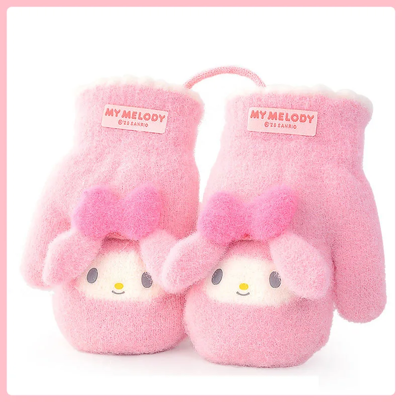 Kawaii Sanrio Plush Gloves Cartoon Children Kuromi My Melody Velvet Thickening Gloves Cold-proof Warm Lanyard Kid Christmas Gift