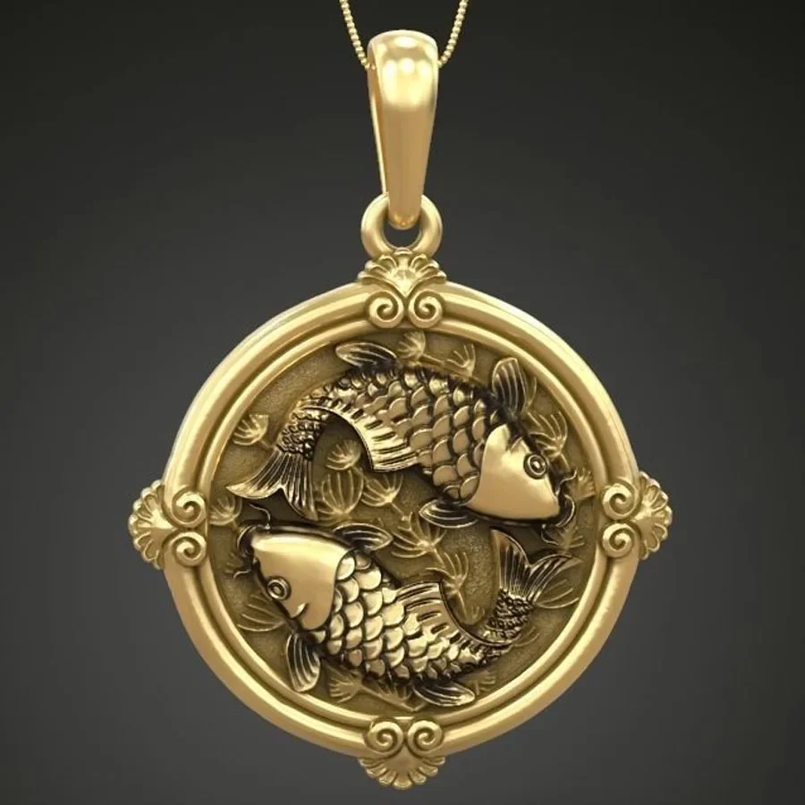 

5g Art Relief Fishes Carp Koi Womens Round Small Gold Pendant 925 Solid Sterling Silver Pendants