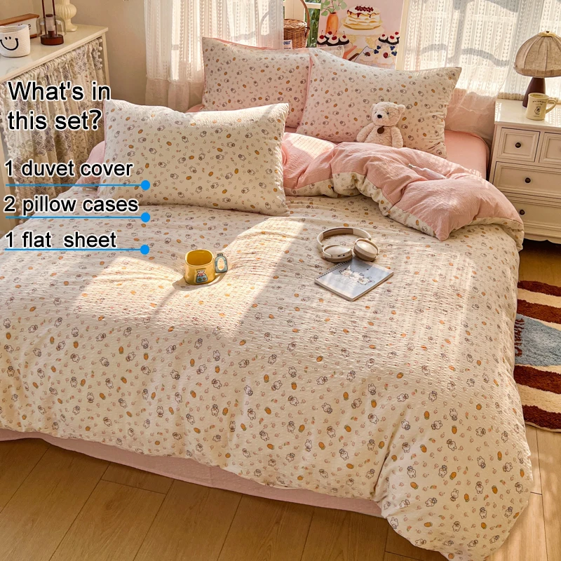 Cute Cartoon Print Bedding Set, 1 Duvet Cover 1 Flat Sheet 2 Pillowcases, Soft Breathable Bed Linen Set, Machine Washable
