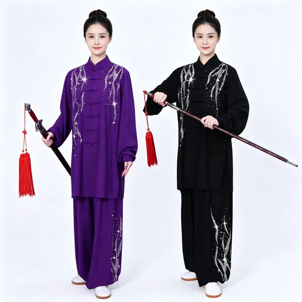Tai Chi Suit for Women Stand Collar Frog Button Loose Wide Leg Pants Martial Arts Competition Costume