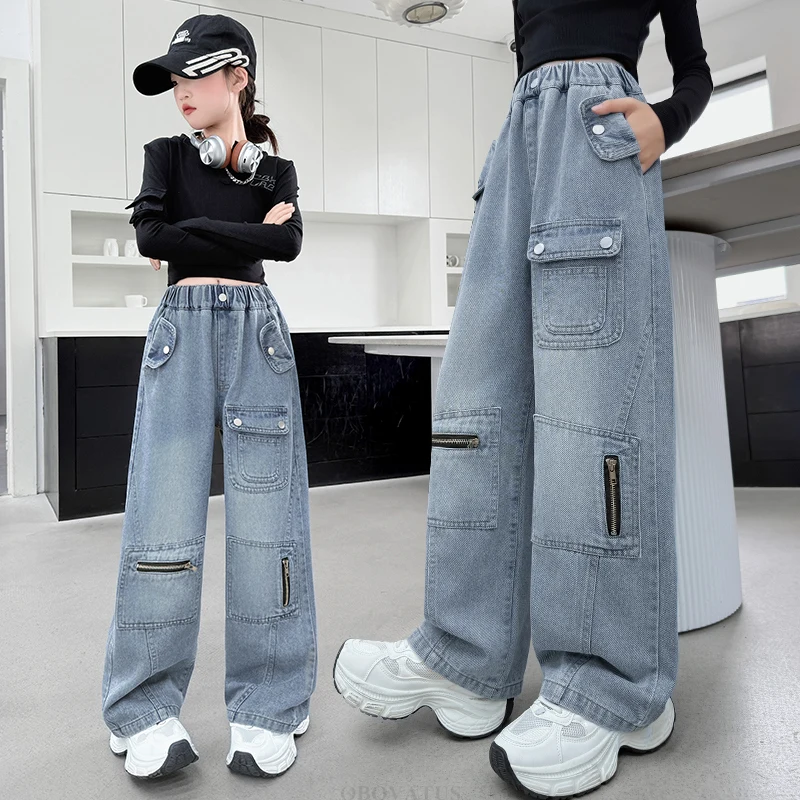 Kids Child Street Style Elastic Waist Jeans for Teen Girl Straight Leg Denim Cargo Pants Wash Solid Color Multi Pockets Trousers