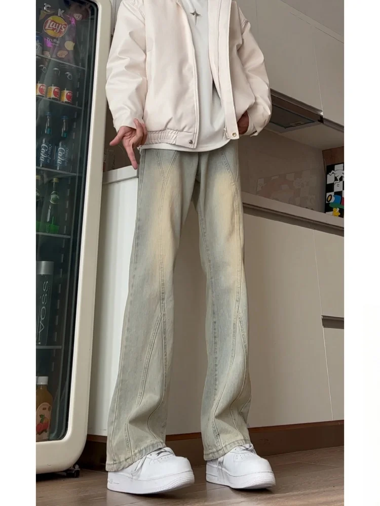 

American Vibe Yellow Mud Color Men's Jeans Autumn Winter Trendy Brand Handsome Street Style Retro High Street Slim Flared Pants