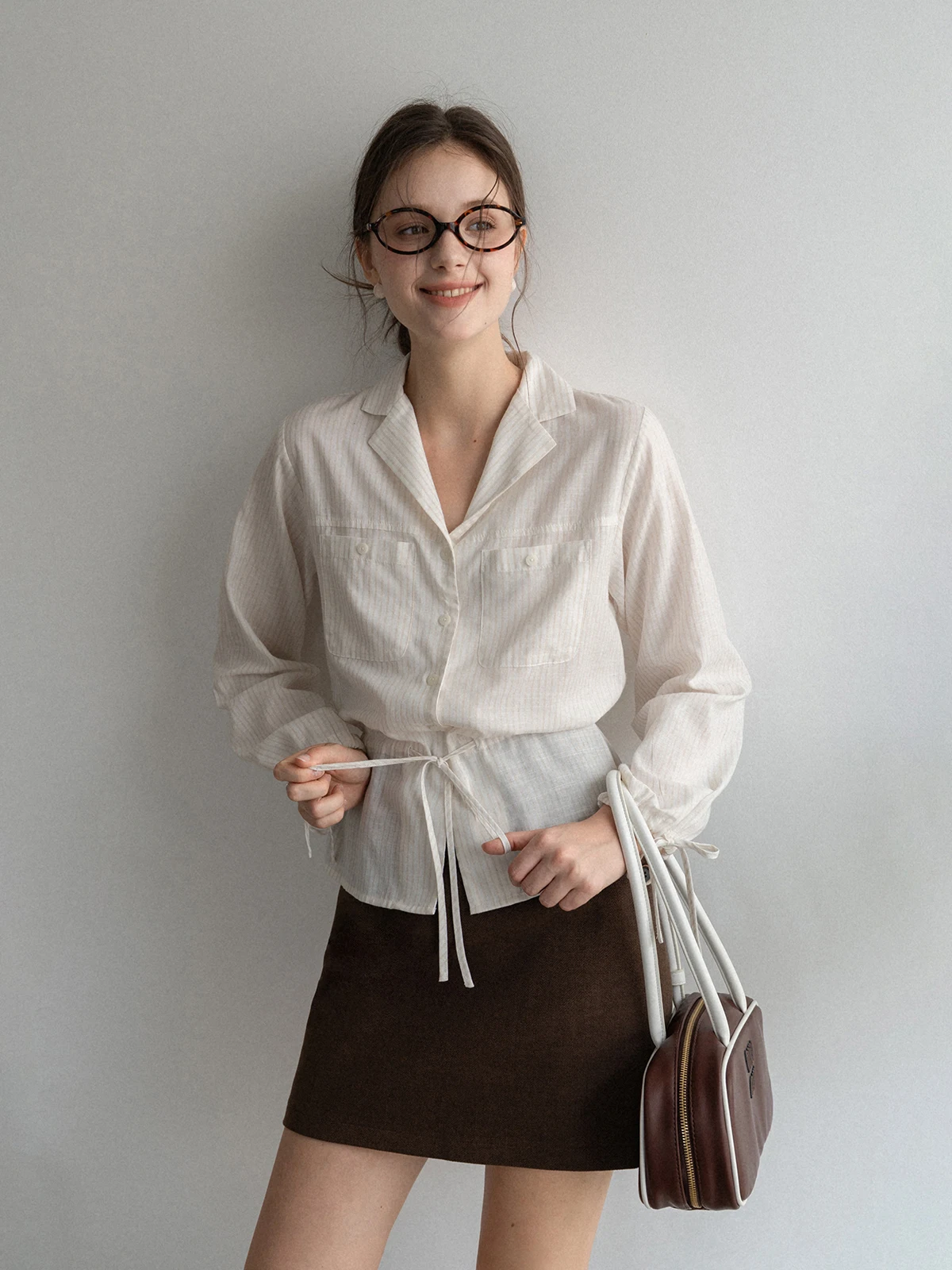 

Slimming Effect White V-Ne Long Sve Striped Tie Waist irt Women's Faion Loose Sle French Sle Cotton Blend irt