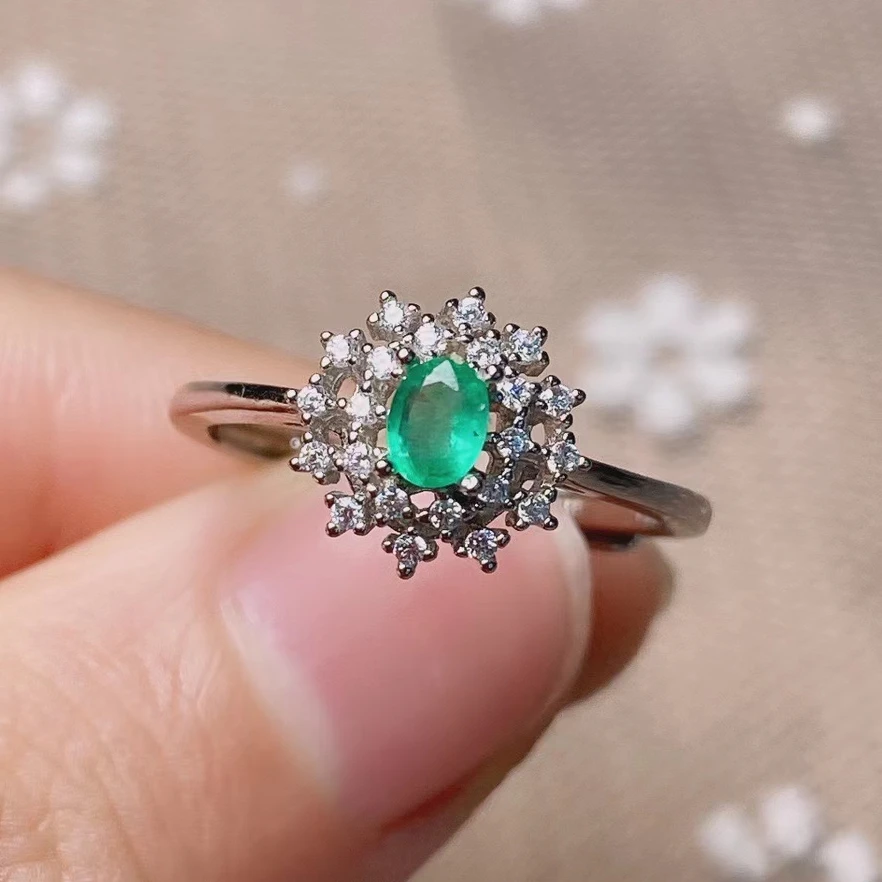 100% Natural Emerald Ring 0.12ct 3mm*4mm Natural Emerald Silver Jewelry Prevent Allergy 18K Gold Plating Gemstone Jewelry