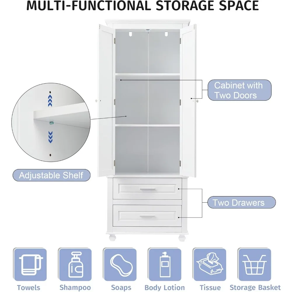 خزانة تخزين أرضية الحمام مع درجين - خزانة طويلة لتنظيم مساحة فعالة