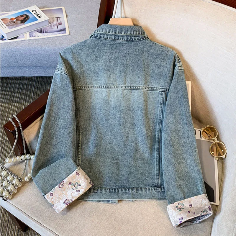 Guofeng Embroidery Denim Jacket Women’s2024 Spring/Fall Long Sleeve Overcoat Loose Denim Coat Lady Button Outwear Jeans Jackets