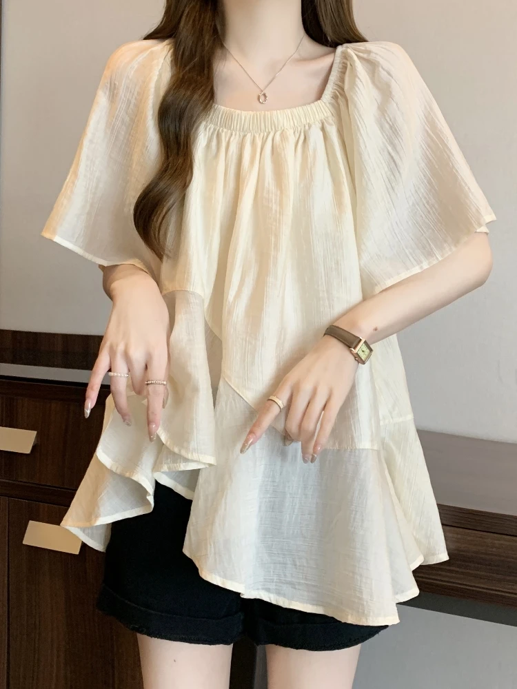 Loose Short Sleeve Chiffon Shirt Women Summer plus Size Conceal Belly Elegant Unique Super Beautiful Top Korean Style Commute