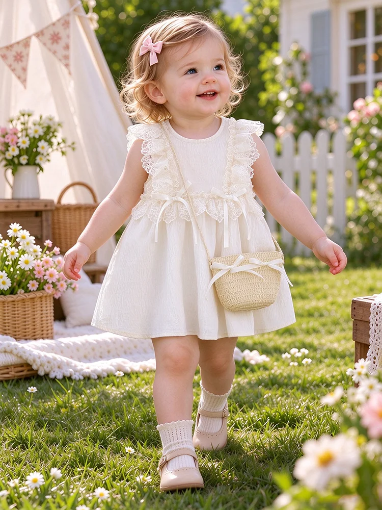 2Pcs/Set Children Solid Color Clothing Kids Lace Flying Sleeves Princess Dress Sweet Baby Girls Bow Fairy Dresses 0-4 Y Toddlers