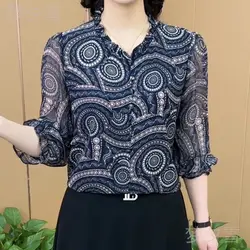 Camisa feminina de botões finos estampados, blusas de deslocamento, emendadas com babados, pulôver de três quartos, roupa feminina, nova moda, verão