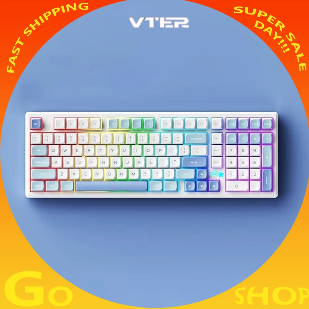 Новая механическая клавиатура VTER Galaxy100 2,4G BT, три режима, беспроводная Bluetooth-клавиатура, 8000 мАч, индивидуальная горячая замена, 101 клавиша, RGB Новая механическая клавиатура VTER Galaxy100 2,4G BT, три режима, беспроводная Bluetooth-клавиатура, 8000 мАч, индивидуальная горячая замена, 101 клавиша, RGB
