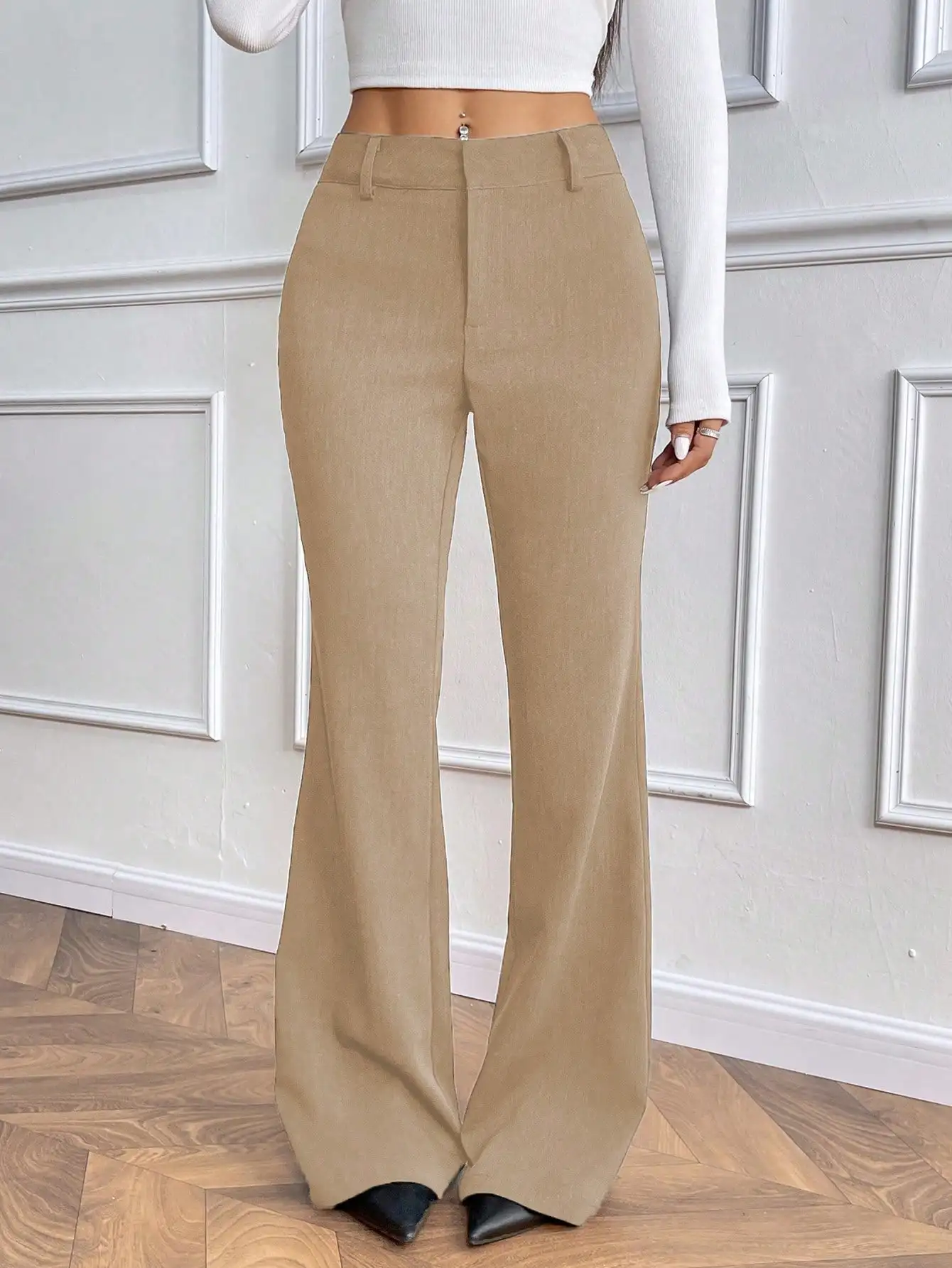 Nice Fashionable Low-waisted Trumpet Foot Mouth Upper Waist Front Door TR Twill Fabric Autumn And Winter Ladies Trousers