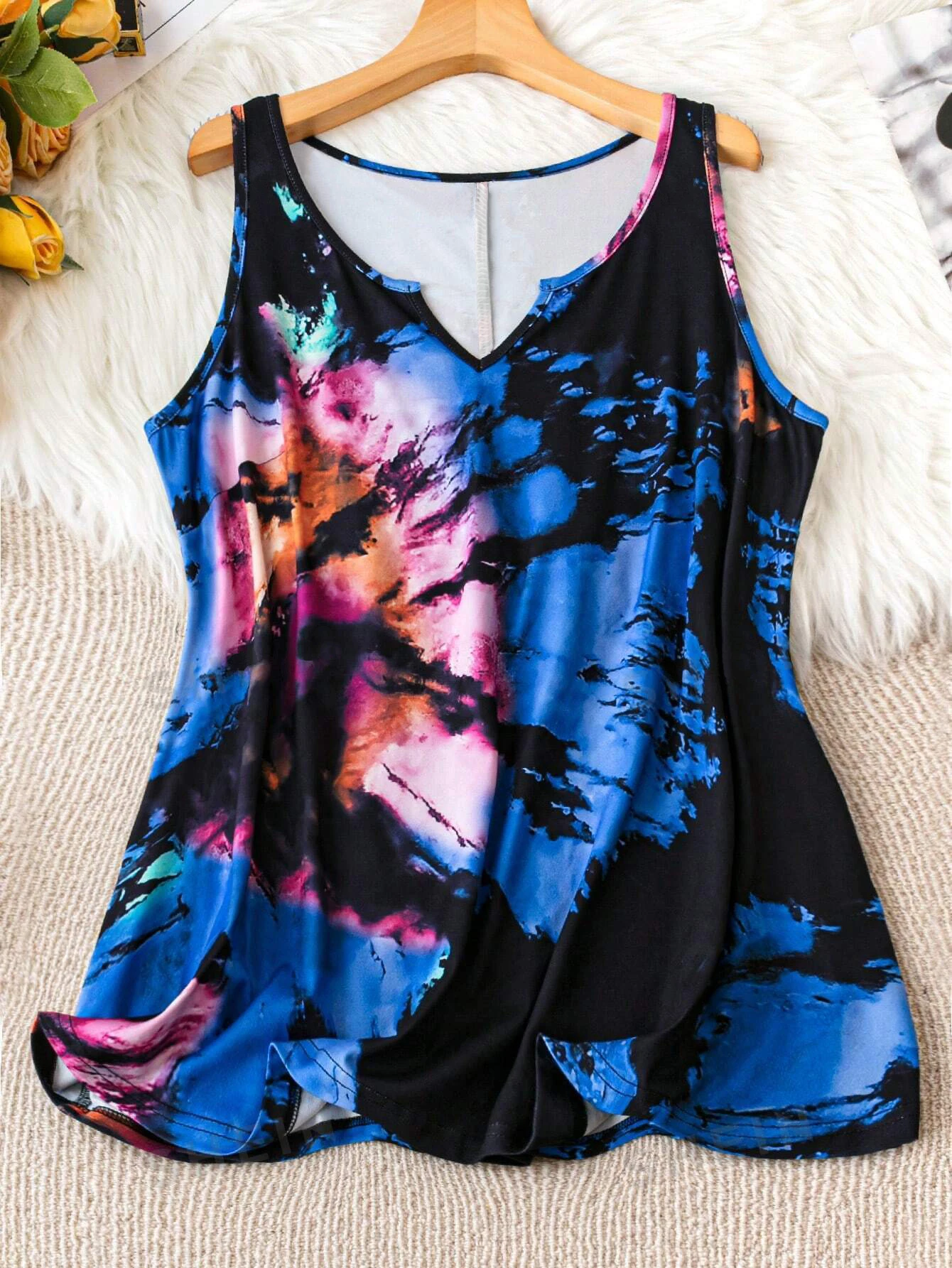 Plus Size Tie Dye  Casual Sleeveless Notched Neck Tank Top