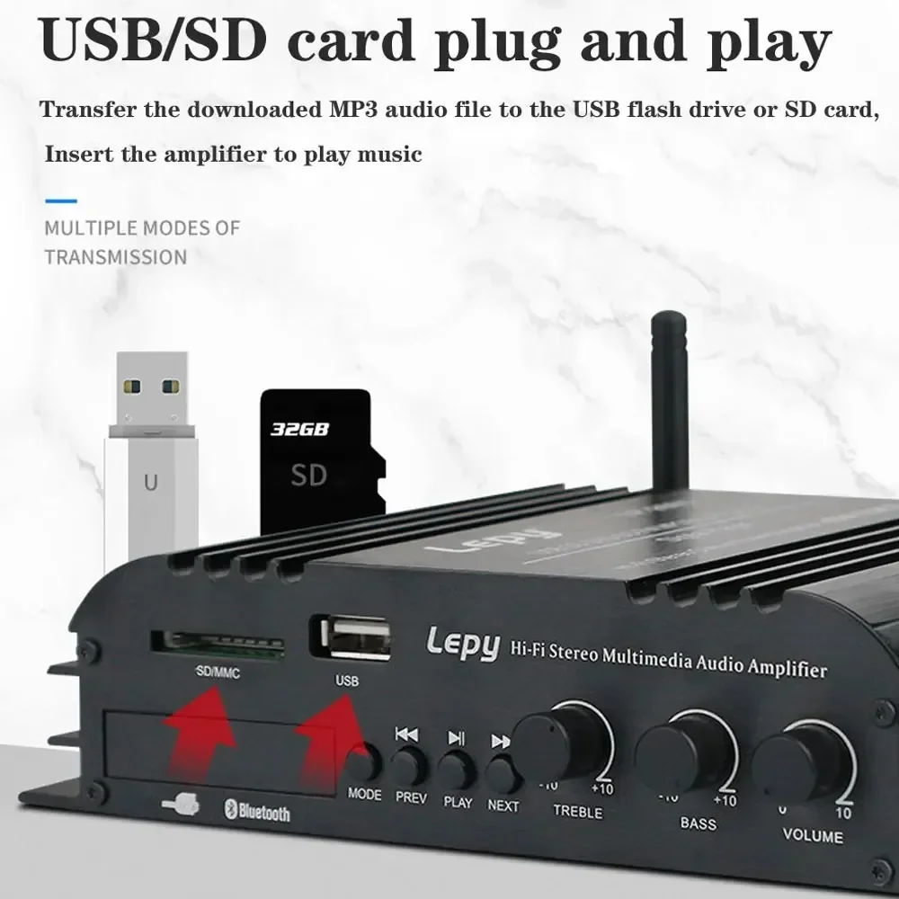 

Усилитель Bluetooth для LEPY, 4-канальный Hi-Fi стерео USB SD DVD CD FM MP3, звуковой усилитель для автомобиля, домашнего компьютера, музыка без потерь